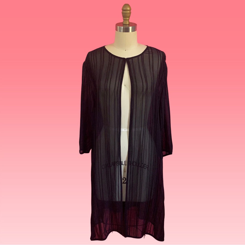 90s Black Pleated Silk Chiffon Sheer Goth Witchy Long Cardigan Duster ~S